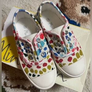 BNIB Mini Boden colorful canvas slip on sneakers toddler girl size 9 rainbow dot